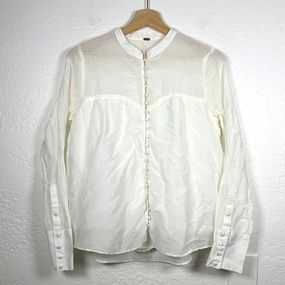 Free People Ivory White Cotton Silk Button Down Victorian Blouse Size S